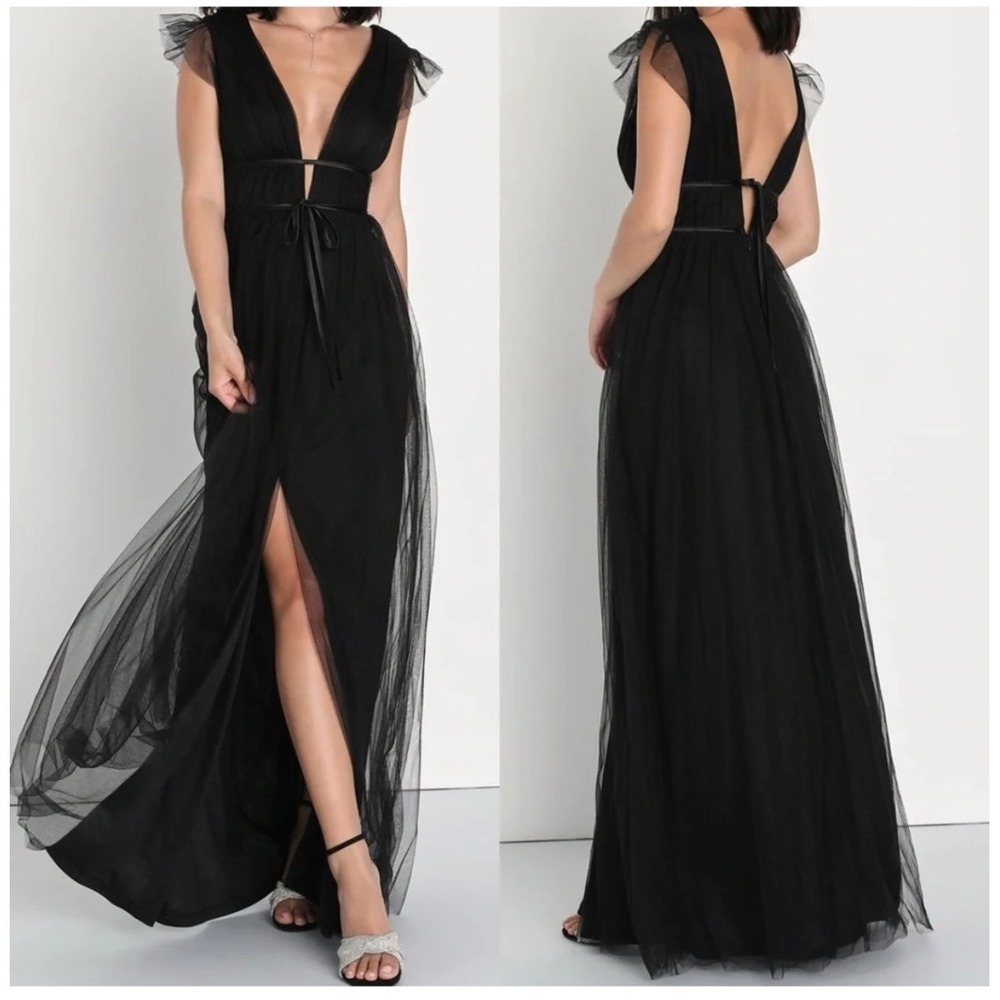 NWT Lulus I'm All Yours Black Tulle Ruffled Maxi Dress Medium‎